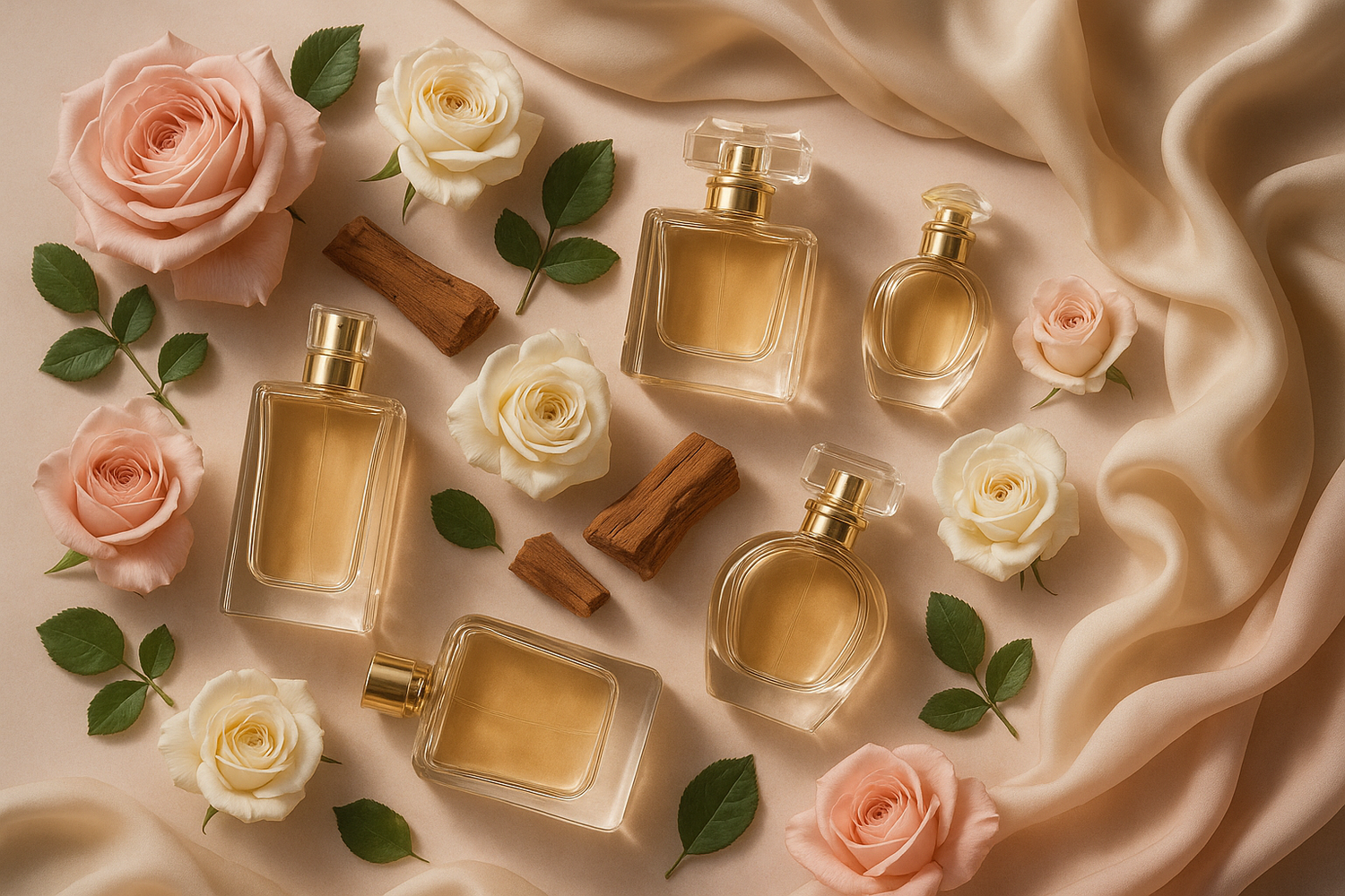 A flatlay composition of luxury perfume bottles surrounded by natural elements like fresh roses, sandalwood, and silk fabric, photographed in soft pink and beige tones, premium editorial style.