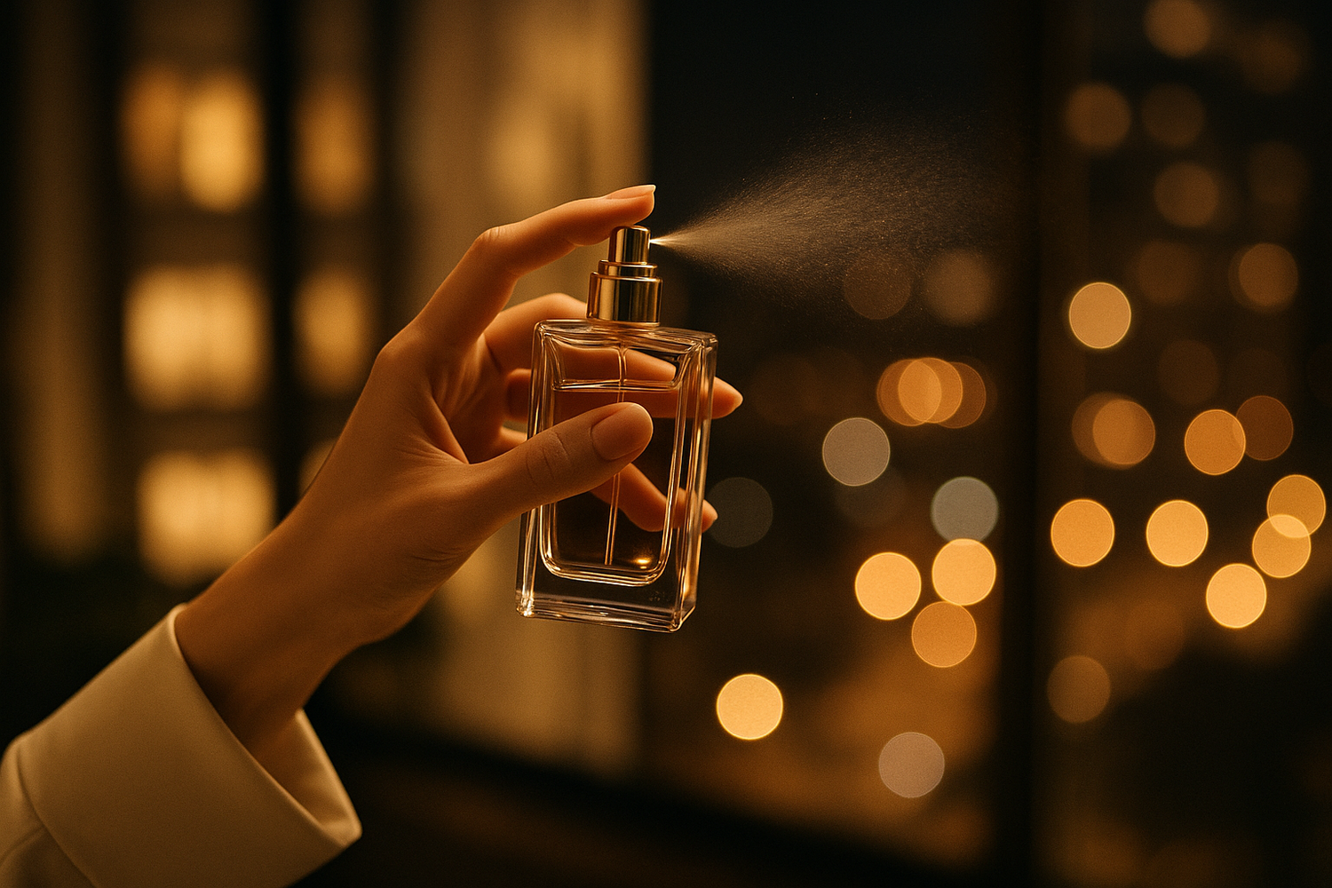 “A stylish lifestyle photo of a hand spraying a luxury perfume bottle, with a blurred elegant background (modern city apartment or night city lights), soft focus, cinematic luxury photography.”