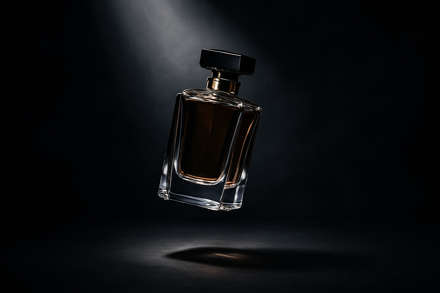 een parfumfles maar de achtergrond is donkerder en er straalt een licht op die parfum. De Parfum is een beetje in de lucht
