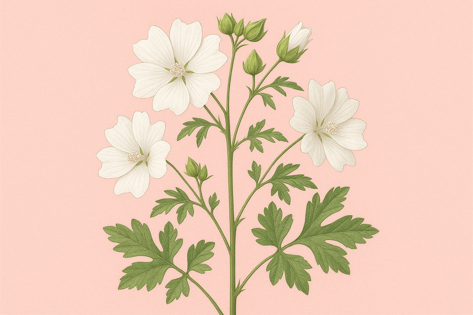 Malva moschata f. alba plant met een roze achtergrond